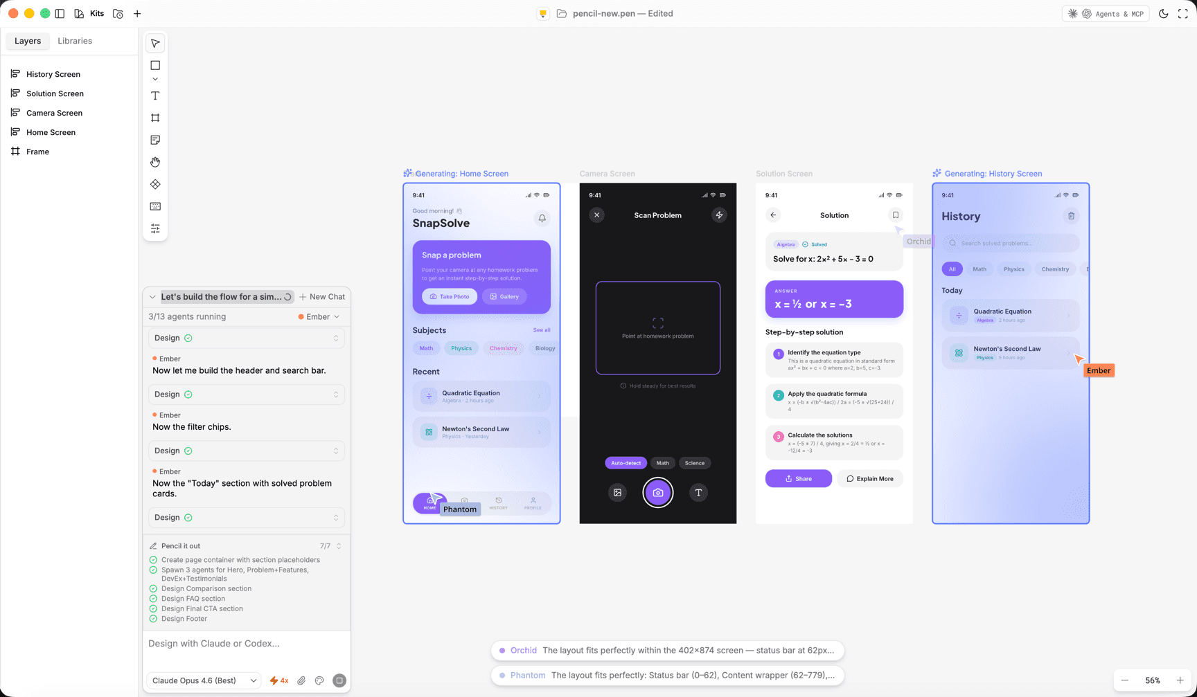A canvas-style design tool showing multiple app screens and an AI chat interface